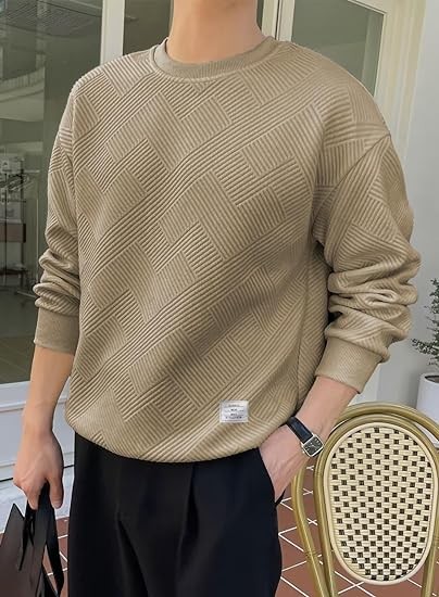 Men's Crewneck Sweatshirts Soild Color Geometric Texture Long Sleeve Casual Pullover Shirt