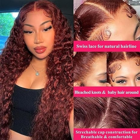 Reddish Brown Lace Front Wigs Human Hair Pre Plucked Water Wave Wig Auburn Colored 13x4 HD Lace Frontal Wig for Black Women Copper Red Curly Wig 36 Inch