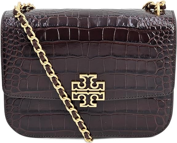 Tory Burch 141029 Britten Embossed Pumpernickel Brown With Gold Hardware Women's Small Adjustable Shoulder Bag