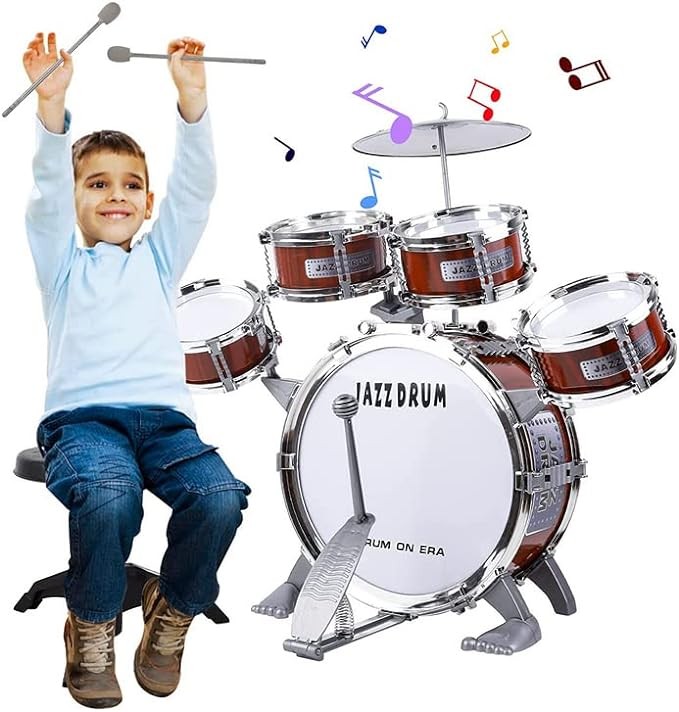 Toddler Drum Set Musical Toy Drum Set for Kids Jazz Drum Kit with Stool, Bass Drum, Cymbal, 2 Drum Sticks and 4 Small Drums Toys for 3 4 5 Year Old Boys Girls Gifts