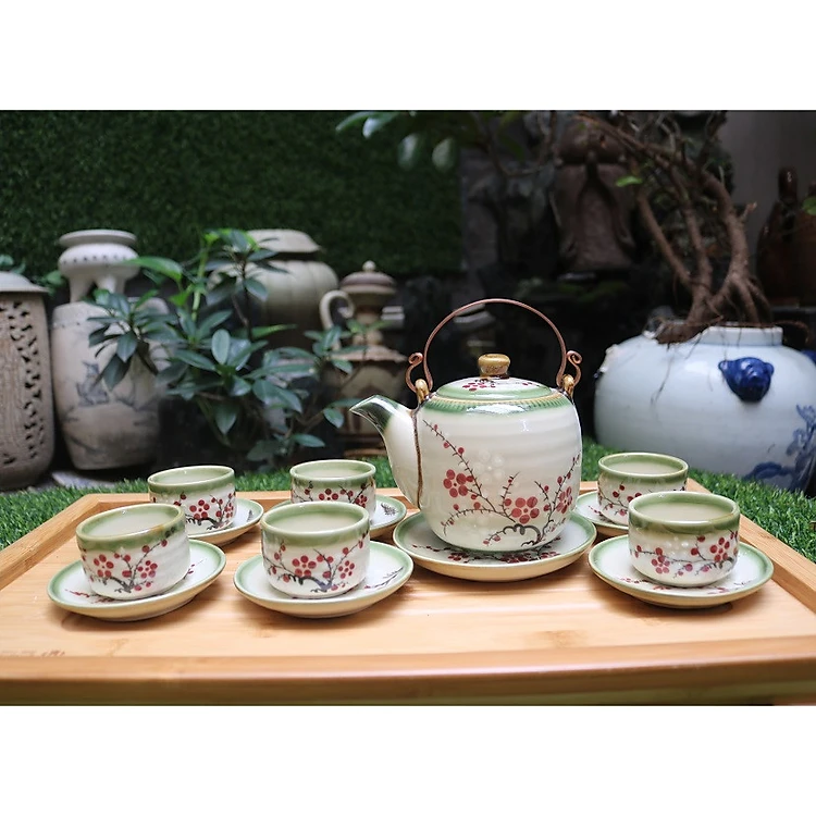 Peach painted glossy enamel tea set