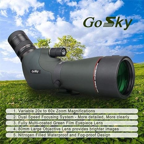 Gosky HD 20-60x80 Bifocal Scope - Waterproof HD Optical Zoom Scope with Carrying Case and Smartphone Adapter for Hunting Bird Observation Target Photography Astronomy Landscapes - Green
