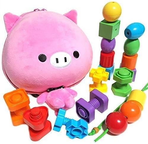 Toddler Backpack with Beads & Bolts - Beads for Kids and Nuts & Bolts - Educational Toys for 3 Year Old Boys & Girls - Toddler Games Toys for Toddlers with Activities eBook with Pig Backpack