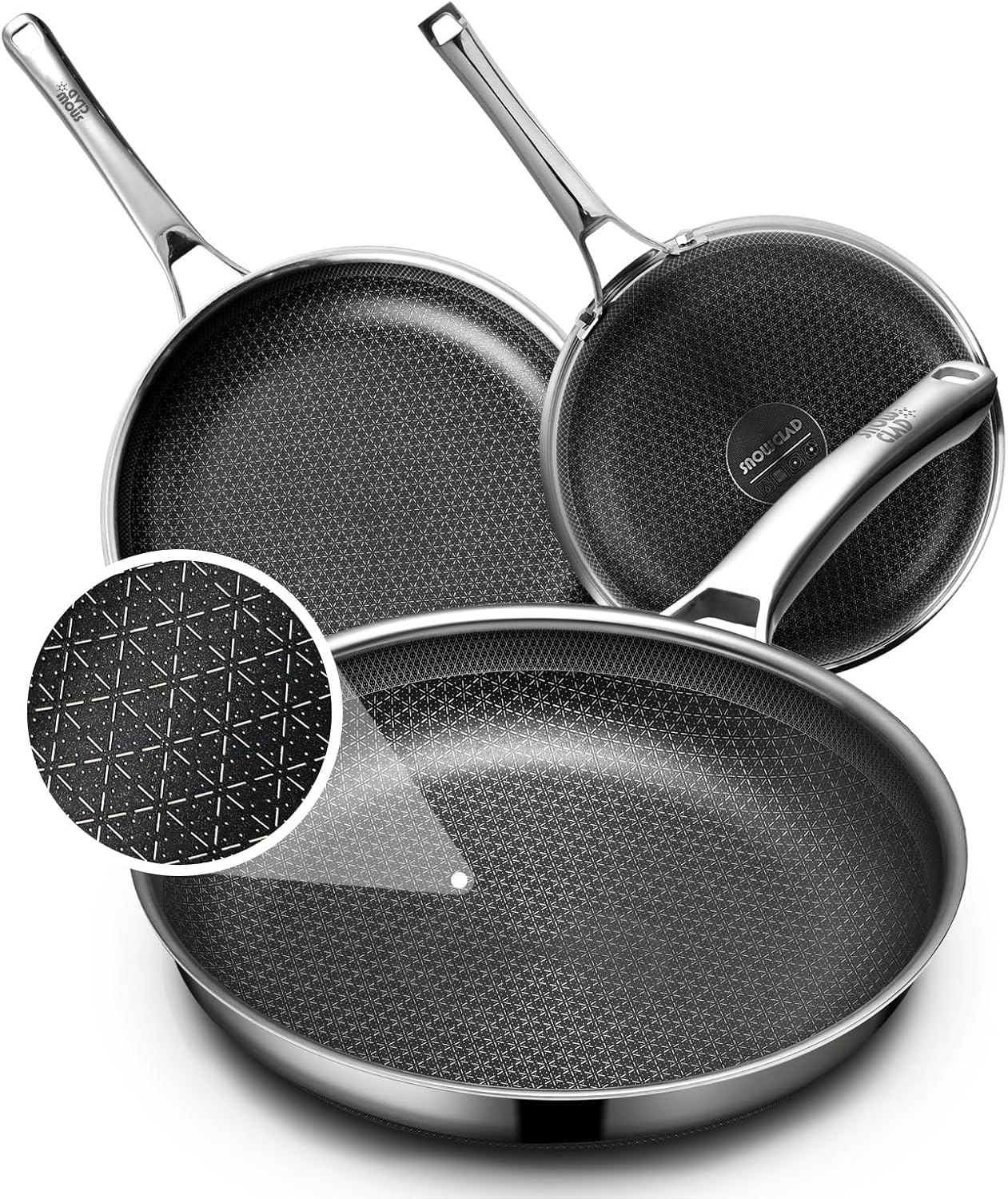 Non Stick Frying Pans Set, Hybrid Pans Set Nonstick (8+10+12inch),Pan for cooking, PFOA Free Kitchen set, Dishwasher and Oven Safe Cookware Sets, Induction Compatible Stainless Steel Skillets