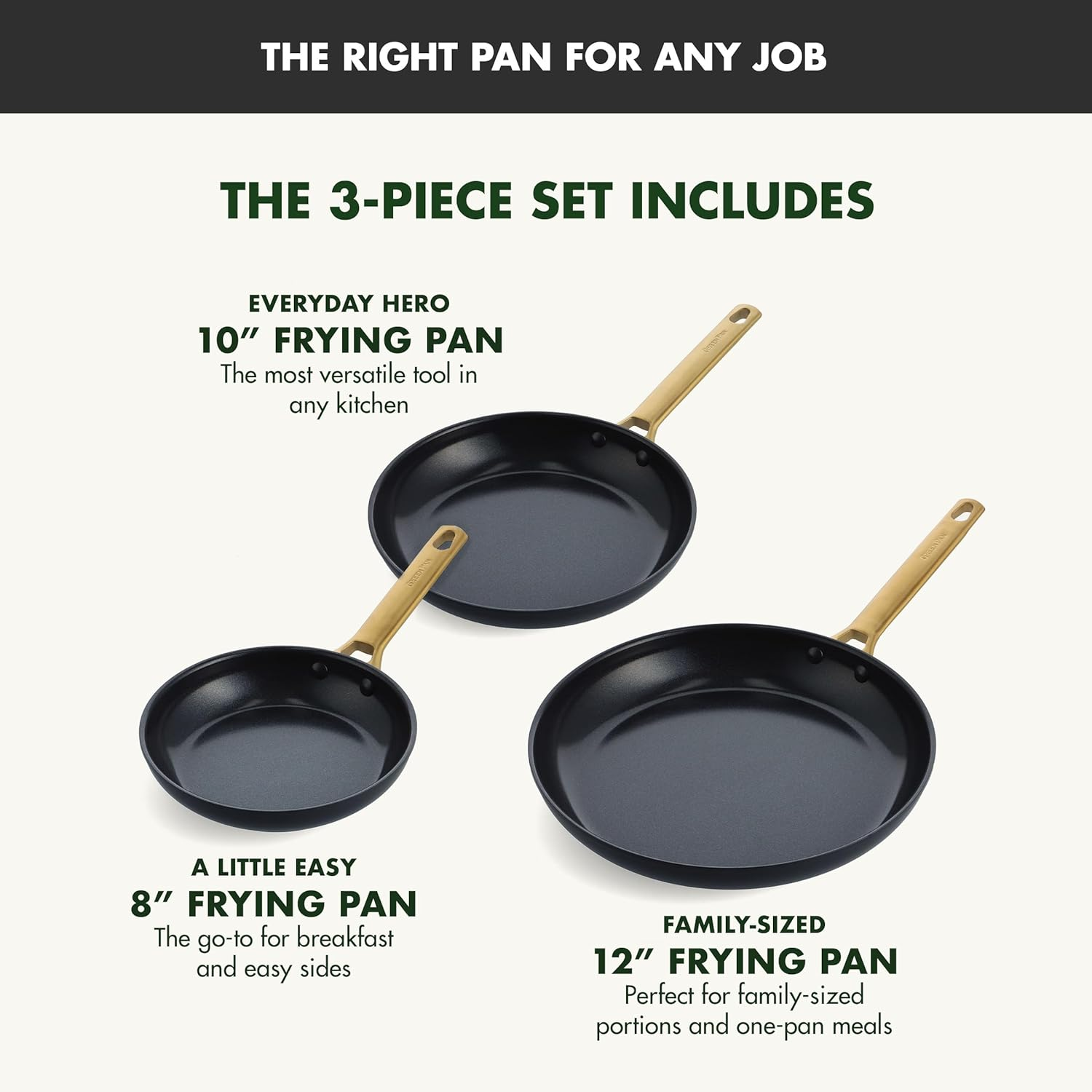 GreenPan Reserve Hard Anodized Healthy Ceramic Nonstick, 8" 10" and 12" 3 Piece Frying Pan Skillet Set, Gold Handle, PFAS-Free, Dishwasher Safe, Oven Safe, Black