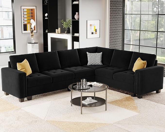 Belffin Velvet Modular L Shape Sectional Sofa Couch with Chaise Reversible Corner Convertible Sectional Sofa Couch Black