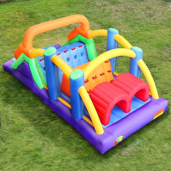 BESTPARTY Inflatable Obstacle Course Bounce House Castle with Large Slides Bounce Area and Obstacles Inflatable Bouncer House Jumper with Blower