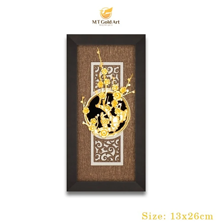 Gold-plated apricot blossom painting (13x26cm) MT Gold Art - Genuine product, home decoration, office, meaningful Tet gift, gift for boss, partner, customer, housewarming, opening