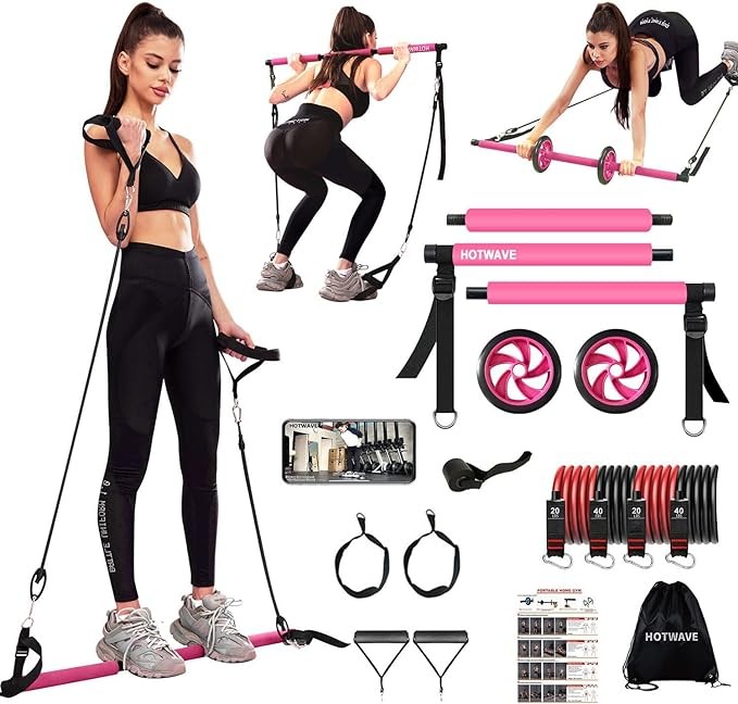 HOTWAVE Pilates Bar Kit with Resistance Bands.Fitness Bar with Ab Roller for Abs Workout. Squat Machine.Core Strength Training Equipment.Portable Home Gym for Men and Women