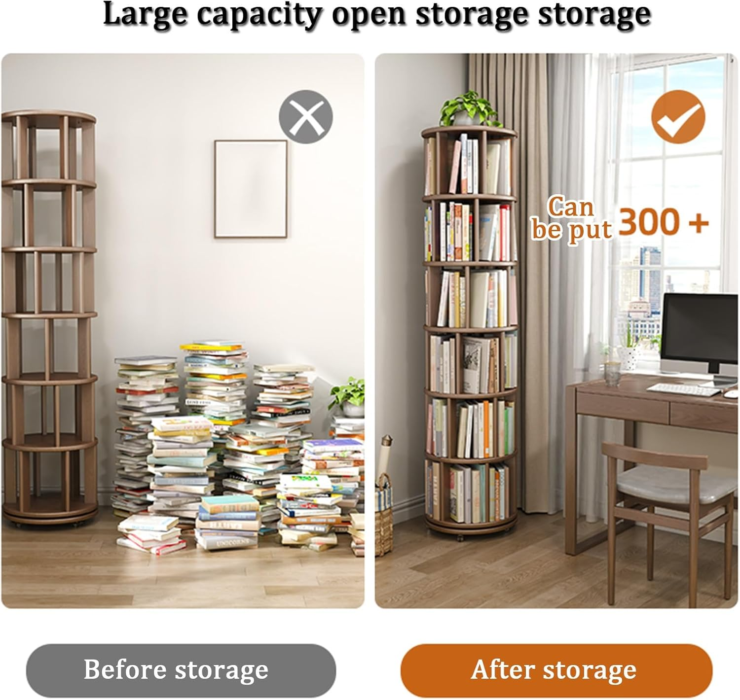 YVYKFZD 360° Rotating Bookshelf, Rolling Bookcase Tower, Solid Wood Display Storage Rack with Brake Wheels, Round Corner Book Shelf Organizer, for Bedroom, Living Room, Study Room(Walnut,5 Tier 17.3"x