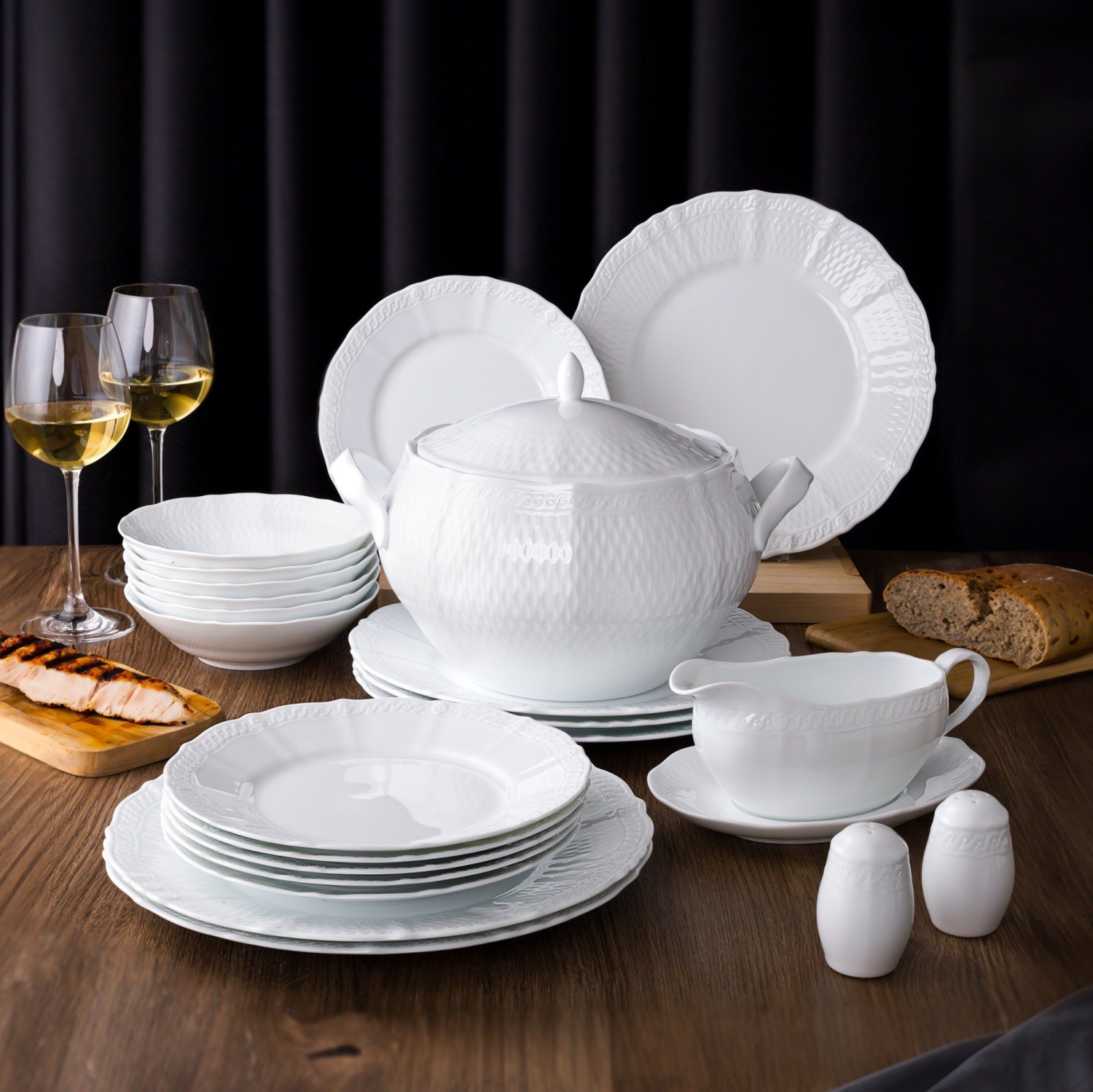 22-piece European-style dinnerware set (round plate, for 6 people) high-quality white porcelain | Cher Blanc 1655L - D024ET