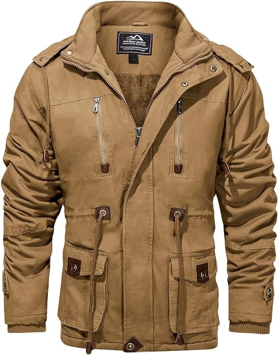 MAGCOMSEN Men's Winter Cargo Work Jacket Fleece Lined Thicken Military Jacket with Removable Hood