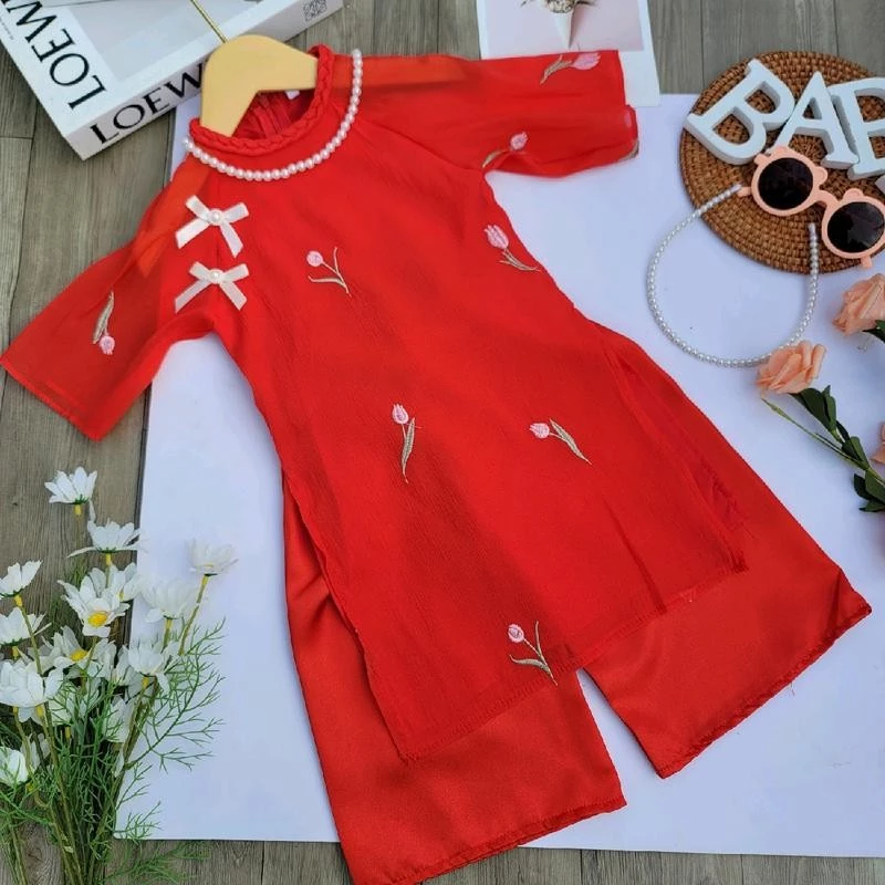 Sét Áo dài Tết vải tơ thêu mềm mịn gắn nơ + quần lụa phi bóng đỏ (9-35kg)( tặng cài ngọc và vòng cổ)