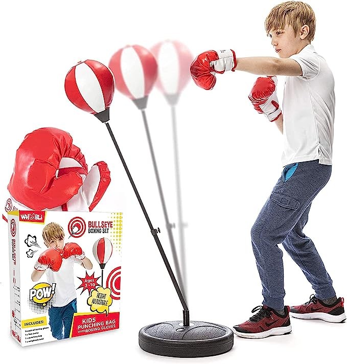 Whoobli Punching Bag for Kids Incl Boxing Gloves | 3-10 Years Old Adjustable Kids Punching Bag with Stand | Boxing Bag Set Toy for Boys & Girls (Red White)