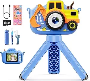 Kids Camera for Boys, Toddler Camera Christmas Birthday Toys Gifts for 3-8 Years Old Boys Girls, 1080P HD Kids Selfie Digital Camera with 32G SD Card - Excavator
