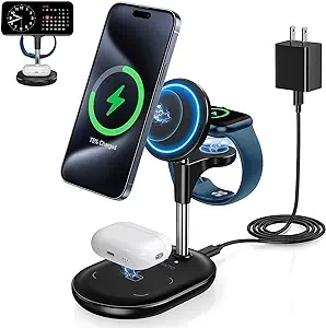 3 in 1 Wireless Charging Station for Apple MagSafe Charger, 15W Fast Magnetic Mag-Safe Charger Stand for iPhone 15 14 13 12 Series Apple Watch AirPods Multiple Devices,Adjustable Angle, Gifts for Men