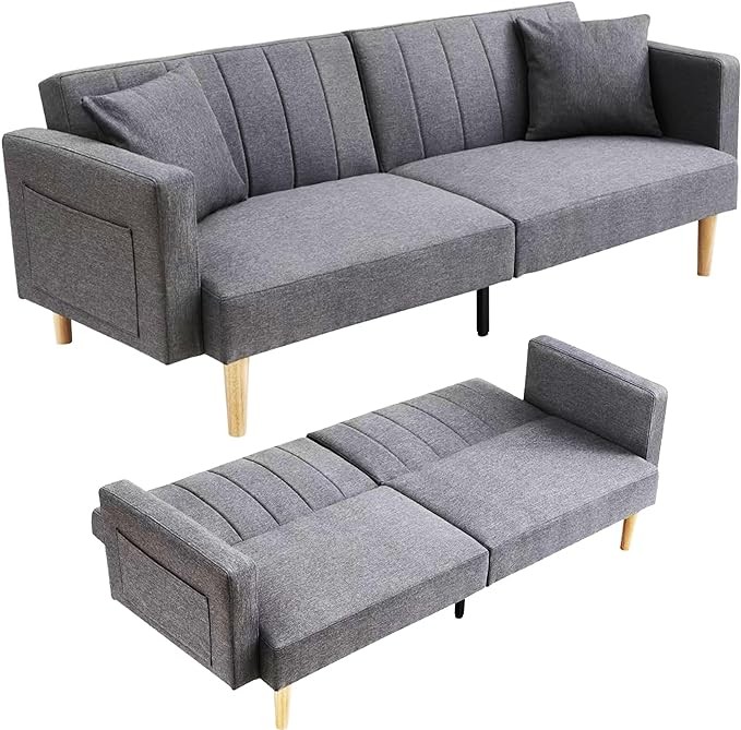 Convertible Futon Sofa Bed - 78" Fabric Couch Sleeper Sofa, Folding Futon Couch Reversible Loveseat for Living Room Furniture, with 2 Pillows, 2 Side Pockets, Armrests, Dark Grey