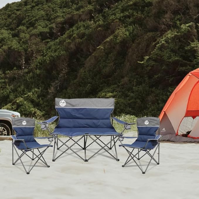 Northroad Outdoor Camping Chair Set of 3,Folding Padded Camp Chair,Collapsible Conversation Set w/One Sofa,Two Single Chairs for Family Patio,Beach (No Table, Blue)