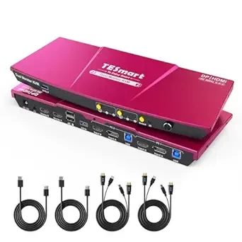 TESmart USB 3.0 DisplayPort + HDMI KVM Switch 2 Monitors 2 Computers 4K@60Hz, Dual Monitor KVM Switch 2 Port Extended Display, EDID Emulators, Headset, Hotkey Switch, Button Switch with All Cables