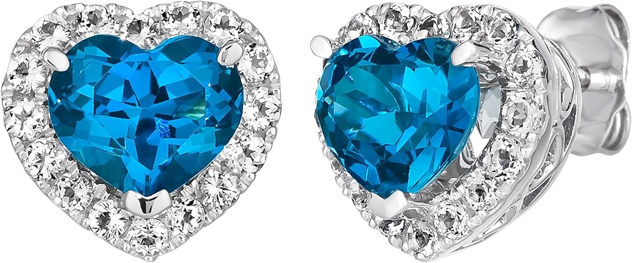 Carat Blue and White Topaz Heart Halo Stud Earrings for Women in 14k White Gold with Push Back by LeVian