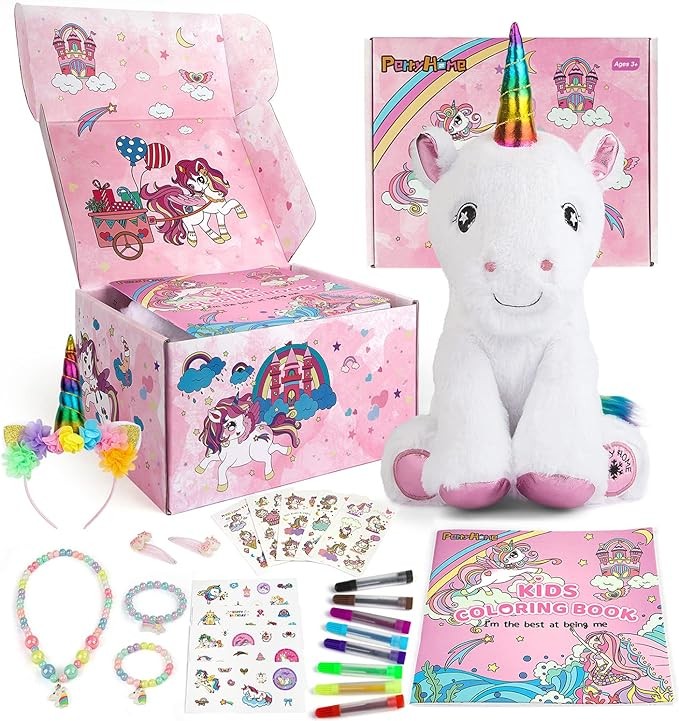 PERRYHOME Unicorn Gifts for Girls 26 Pcs Surprise Box with Unicorn Plush, DIY Coloring Book and Markers, Unicorn Necklace & Jewelry, Unicorn Themed Toy Birthday Gift for 3-12