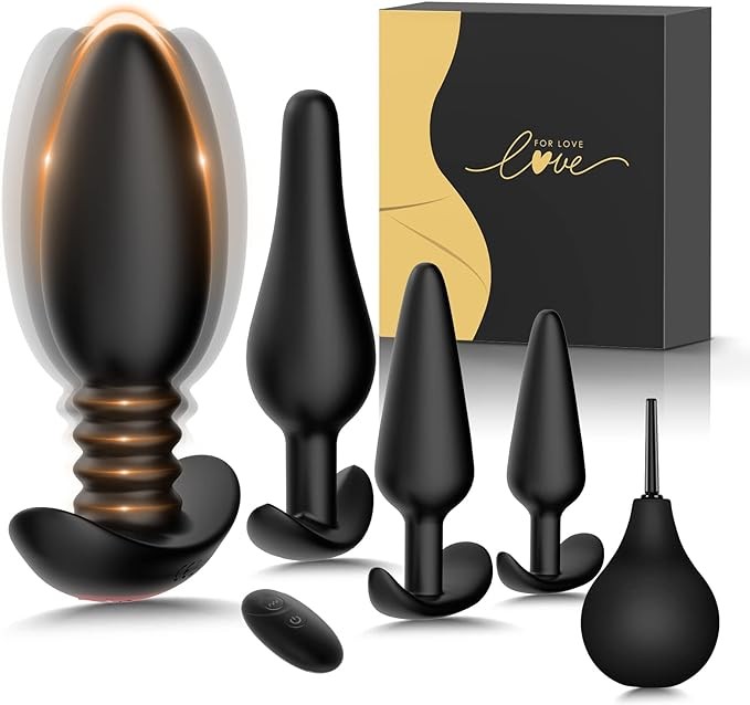 Linsecn 5PCS Vibrating Butt Plug Set Anal Plug Training Kit, Prostate Massager Anal Vibrator with 10 Vibration Modes, Remote Control Anal Dildo Toy Male Adult Sex Toys for Men Women or Couple Pleasure