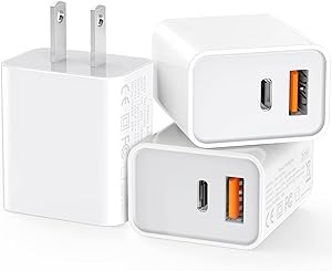 [3 Pack] USB-C Wall Charger, 20W Durable Dual Port QC+PD 3.0 Power Adapter, Double Fast Plug Charging Block for iPhone 14/14 Pro/13/15/15 Pro/Pro Max/Plus, XS/XR/X, Watch Series 8/7 Cube(White)