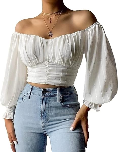 MIRACMODA Womens Elegant Off The Shoulder Puff Sleeve Blouse Summer Chiffon Slim Fit Party Crop Top