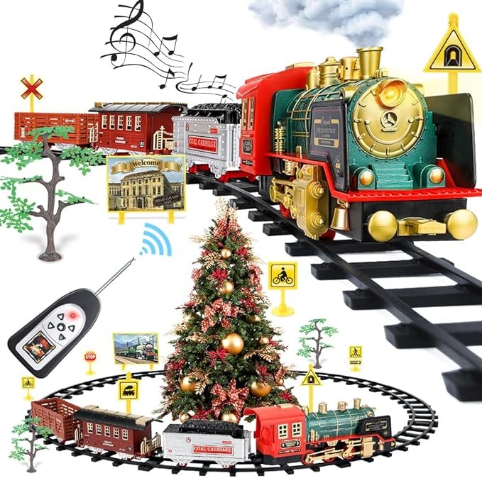 Remote Control Train Set - Electric R/C Train Toy for Kids w/Smokes,Lights & Sound,Railway Kits w/Steam Locomotive Engine,Cargo Cars & Tracks,Ideal for 3 + Year Old Kids