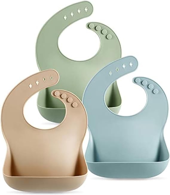 Set of 3 Silicone Baby Bibs by PandaEar - Waterproof, Soft, Unisex, 10-72 Months (Brown/Blue/Green)