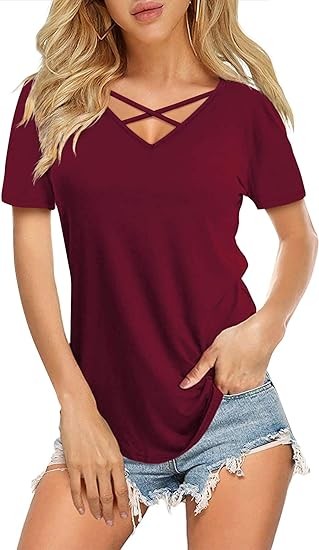 DittyandVibe Women's Short/Long Sleeve V Neck Criss Cross T-Shirt Tops